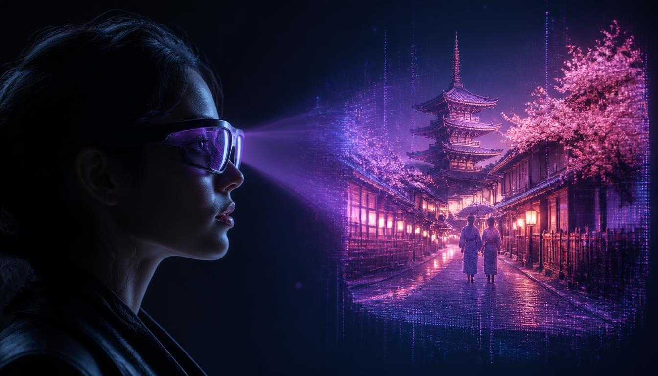 Concept mockup of Limitless AR glasses projecting a holographic Kyoto street